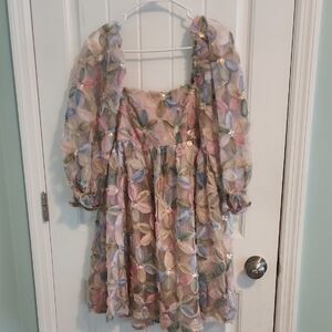 Storia Pink and Blue Mini Babydoll Dress with Bishop Sleeves (J11)